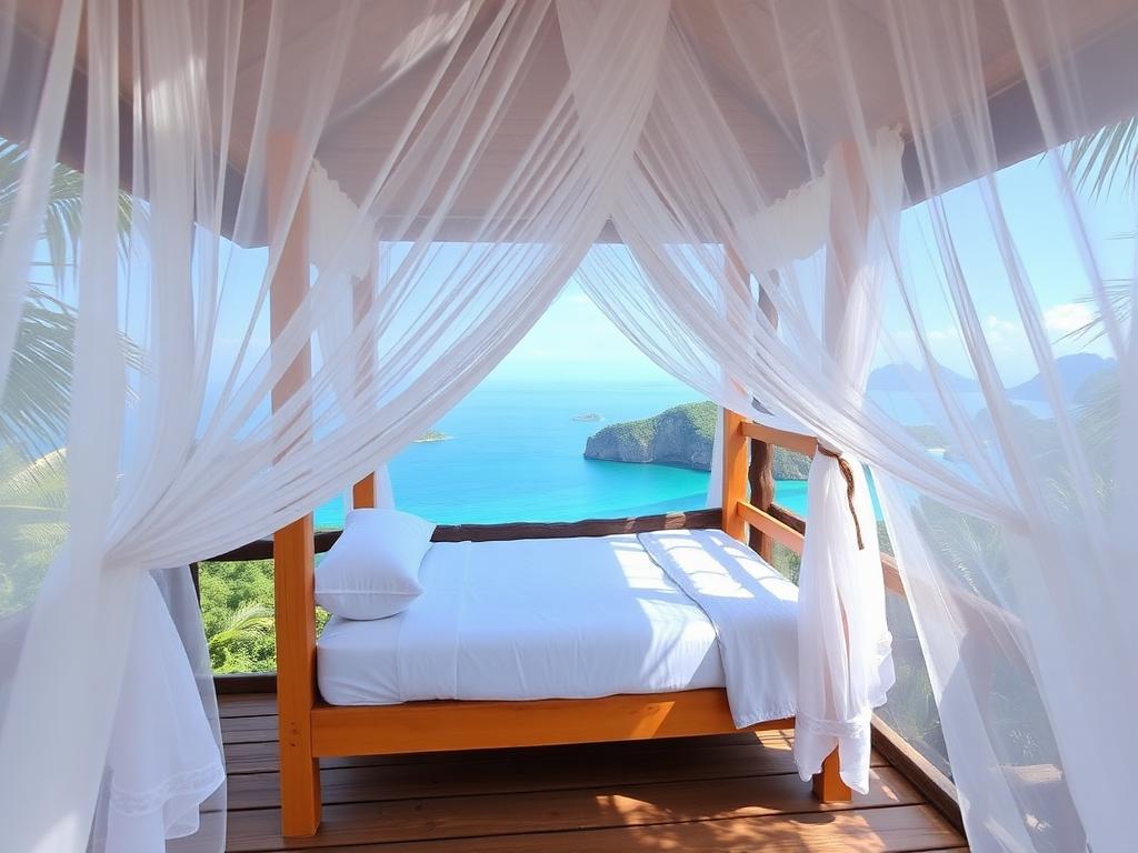 Open-air bunk bed with mosquito net overlooking the bay