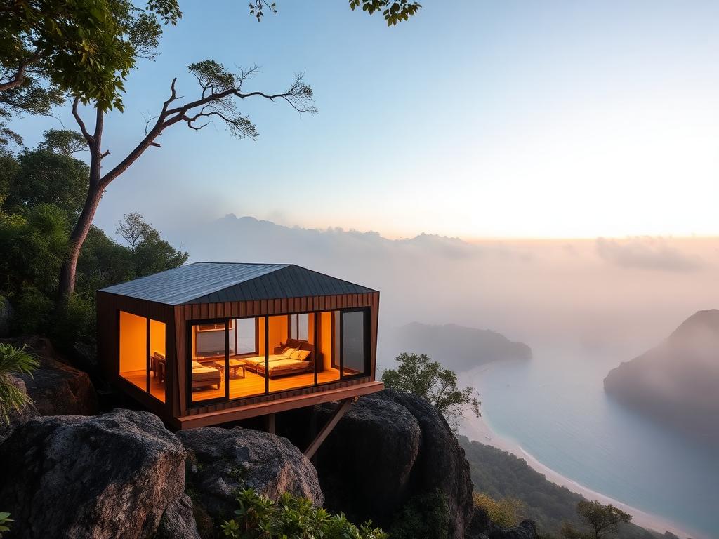 Luxury camping pod perched on a granite mountainside above Hin Wong Bay